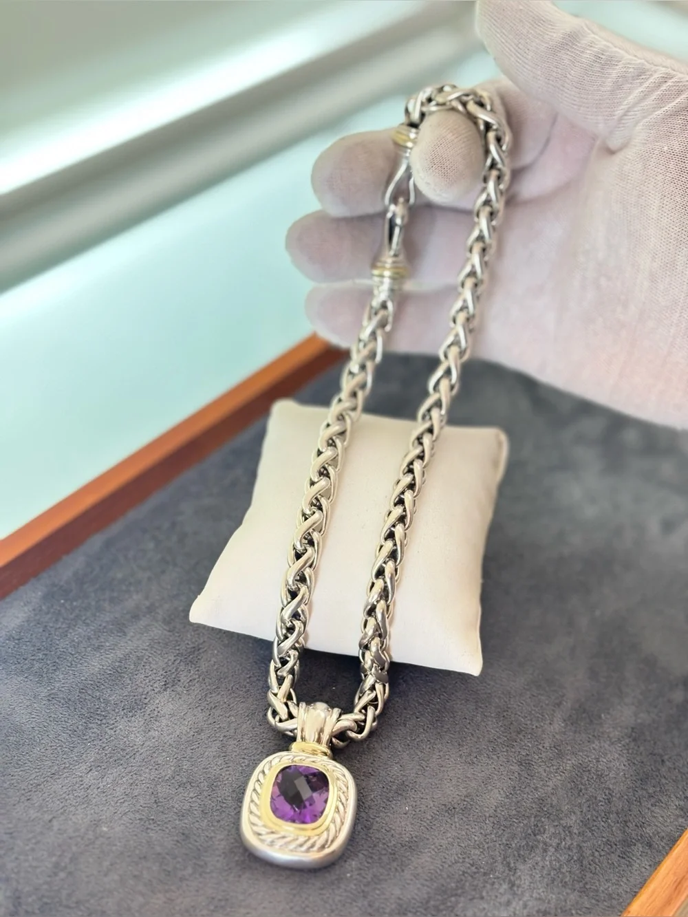 David Yurman 925 & 14k Gold XXL Albion Pendant Necklace with Amethyst 16